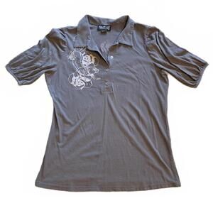 Tattoo Me Woman Gray Floral Polo Shirt Size 1X (Runs Small)